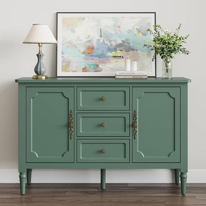 RoyalCraft Buffet Cabinet with 2 Doors & 3 Drawers, Vintage Sideboard with Storage, Painted Coffee Bar Table with Solid Wood Legs, Ideal for Kitchen, Living Room, Dining Room, Green