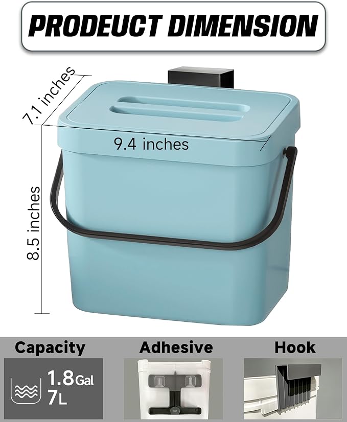 1.8 Gallons Hanging Trash Can with Lid – Kitchen Garbage Bin for Under Sink, Wall Mount, Cabinet Door Waste Bin for Kitchen, Bathroom, Laundry – 7L(Subtle Blue)