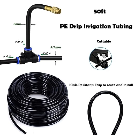 50ft Drip Irrigation System with 18pcs 360° Adjustable Misting Sprinkler Kit, Garden Watering System for Raised Bed, Greenhouse, Patio, Yard