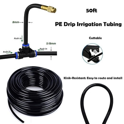50ft Drip Irrigation System with 18pcs 360° Adjustable Misting Sprinkler Kit, Garden Watering System for Raised Bed, Greenhouse, Patio, Yard