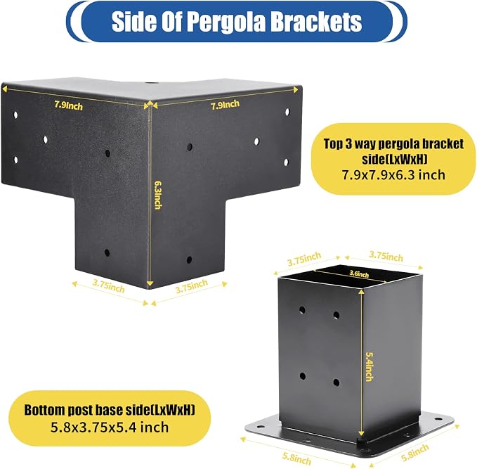 4 Pcs 4"x4" Pergola Brackets(Actual:3.6"x3.6") with 4 Pcs Post Base | 3 Way 90° Right Angle Corner Bracket|DIY Pergola Kit Support Patio Log Cabin Outdoor