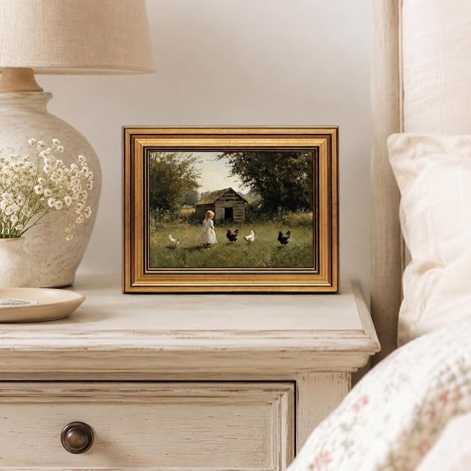 Devunaty Gold Framed Country Canvas Wall Art, Vintage Farm Girl with Chickens Poster Print, Rustic Landscape Painting Picture, Pastoral Farmhouse Artwork Wall Decor for Bedroom Nursery Bathroom 9x11in