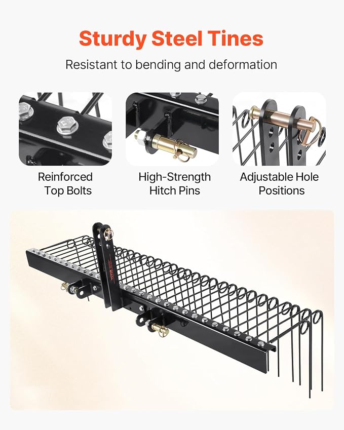 VEVOR Tow Behind Landscape Rake, 72" Lawn Dethatcher Rake with 32 Steel Tines, Attaches to Category 1, 3 Point Hitch for Tractor, Heavy Duty Tow Dethatcher for Leaves, Pine Needles, Straw, and Grass