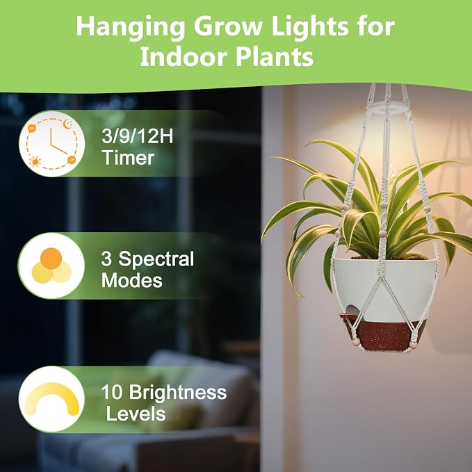 2 Pack Self Watering Hanging Planters with Grow Light for Indoor Plants | 10 Brightness, 3 Light Modes, 3/9/12H Timer, Built-In Reservoir, Drainage Holes, 10 in Pots