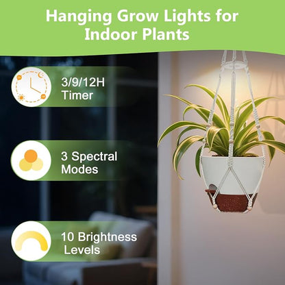 2 Pack Self Watering Hanging Planters with Grow Light for Indoor Plants | 10 Brightness, 3 Light Modes, 3/9/12H Timer, Built-In Reservoir, Drainage Holes, 10 in Pots