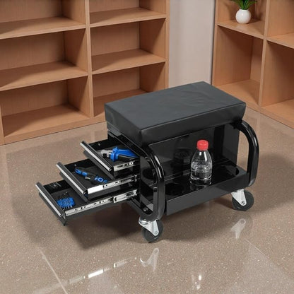 Tool Chest, Rolling Tool Box with 3 Built-in Drawers, 4 360-degree Swivel Casters & Storage Tank, Creeper Garage Cabinets, Work Seat with Builtin Toolbox for Workshop, Warehouse, Black
