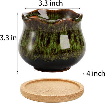 TOPZEA Set of 6 Succulent Plant Pots, 4 Inch Glazed Ceramic Cute Plant Pots with Drainage and Saucer, Mini Bonsai Planter Small Cactus Flower Pots for Indoor Outdoor Use