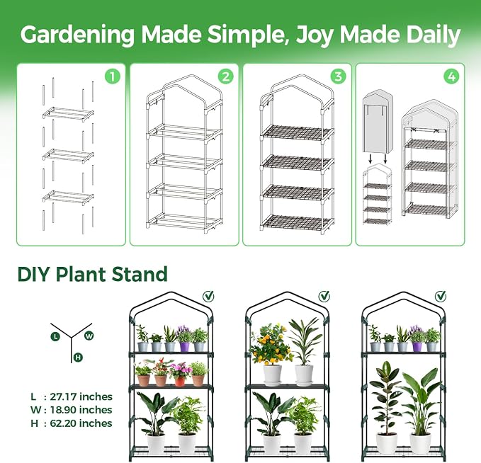 Ohuhu Mini Greenhouse for Indoor Outdoor, 27 x 19 x 62-Inch Small Plant Green House 4-Tier Rack Stand Portable Greenhouses with Durable PE Cover for Seedling, Ideal Gardening Gifts for Women Men