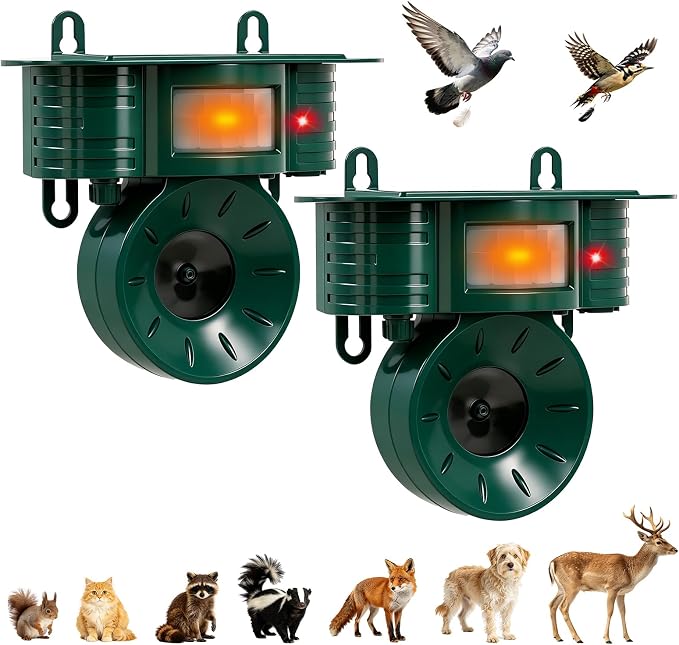 Ultrasonic Bird Repellent Devices Outdoor, Squirrel & Pigeon & Woodpecker Repellent, Solar Powered, IP 65 Waterproof, Motion Sensor, Bird Deterrents for Outside for Patio Farm Yard Orchard, 2 Pack