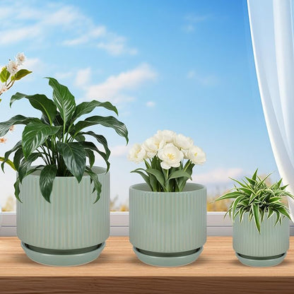 Ceramic-Flower-Pots-Sets-with-Saucer, 5/6/8 inch Small Planters for Indoor Plants with Drainage Hole, White Vertical Stripe Plant Pots for Home Decor, Outdoor Garden Pot For Succulent Cactus Herb