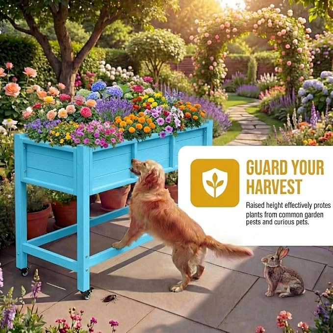 DWVO 47x18x31in Raised Garden Bed HDPE, Weather-Resistant Poly Wood Planter Box Stand, Planter Box with Legs & Lockable Wheels, Elevated Garden Bed for Backyard Patio Balcony - Aruba Blue