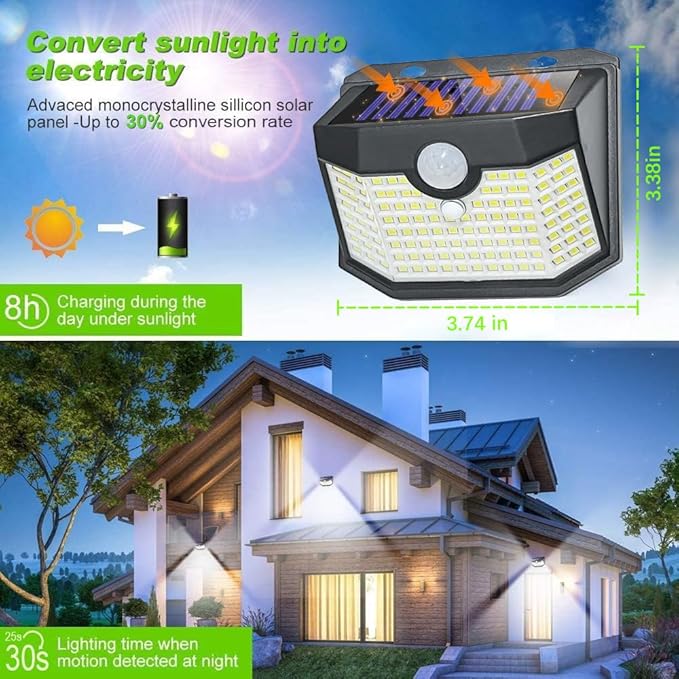 HMCITY Solar Lights Outdoor 120 LED 3 Lighting Modes,Motion Sensor Wall Lights, IP65 Waterproof Solar Powered Wall Lights for Garden Deck Lights (Front Button 4Packs, Black Shell-Daylight White)