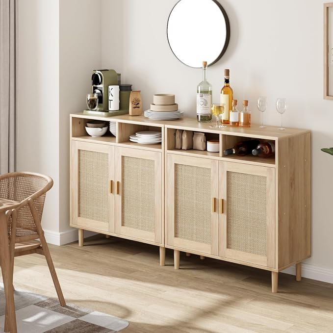 Garvee 36" Modern Rattan Sideboard Cabinet - 2-Door Storage Buffet with Shelf, Boho TV Stand & Coffee Bar for Dining Room, Kitchen & Entryway