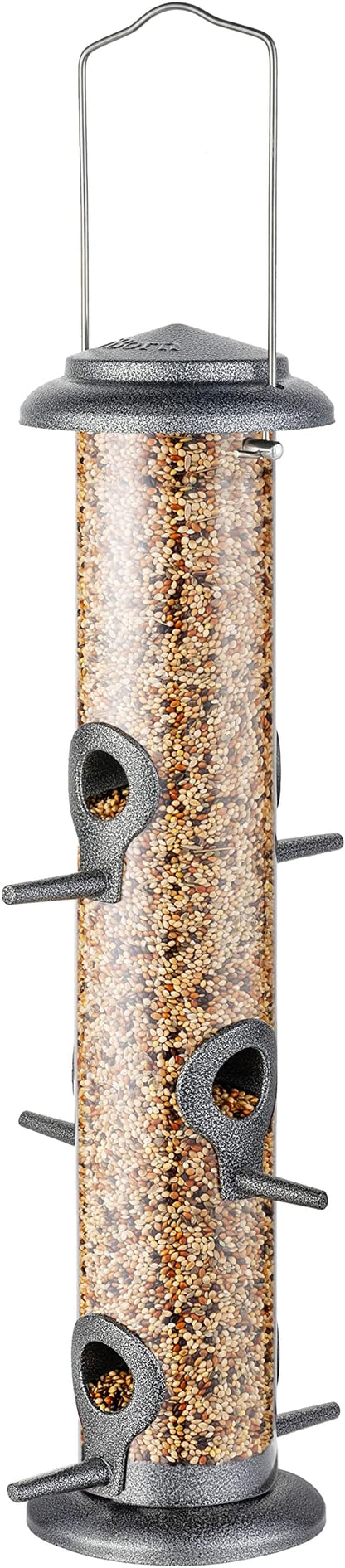 iBorn Metal Bird Feeder Hanging Wild Bird Seed Feeder for Mix Seed Blends Heavy Duty All Metal Silver Finish,15 Inch 6 Port(Seed is not Included),Gift Box