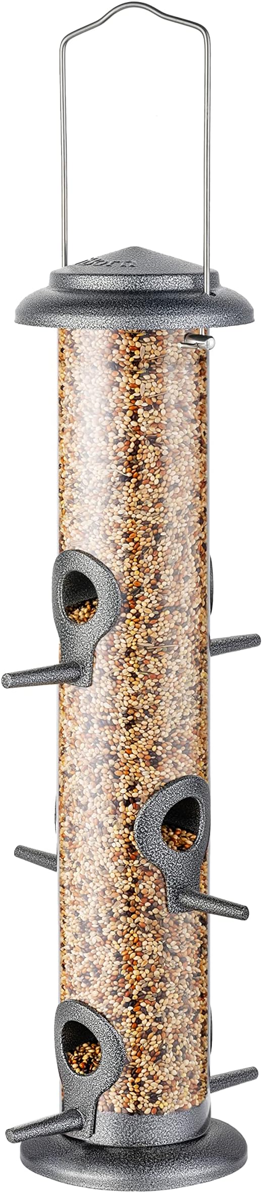 iBorn Metal Bird Feeder Hanging Wild Bird Seed Feeder for Mix Seed Blends Heavy Duty All Metal Silver Finish,15 Inch 6 Port(Seed is not Included),Gift Box
