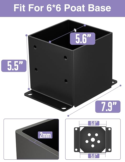 4 PCS Metal 6×6 Post Base, Inner Size 5.6"x5.6" | Heavy Duty Post Bracket, Anti-Corrosive Partition, Powder-Coated, For Pavilion Deck Railing Support