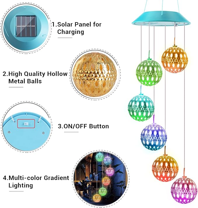 Toodour Solar Wind Chime, Color Changing Moroccan Ball Wind Chimes, LED Decorative Mobile, Gifts for Mom, Waterproof Outdoor Decorative Lights for Garden, Patio, Party, Yard, Window Outdoor Decor
