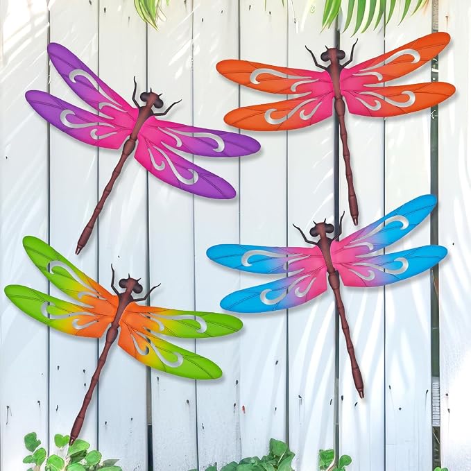 VOKPROOF Metal Dragonfly Wall Art Decor,Outdoor Fence Decor for Patio Yard Garden, Hanging Decorations for Living Room, Bedroom(4 Pack)