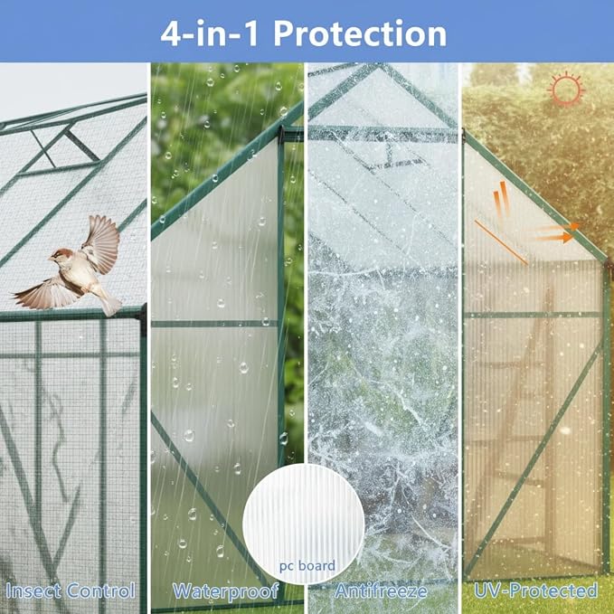6x10 FT Greenhouse, Walk-in Polycarbonate Greenhouses with Sliding Doors, Aluminum Frame, Adjustable Roof Vent, Raised Base & Anchor, Outdoor Backyard Greenhouse for All Seasons, Green