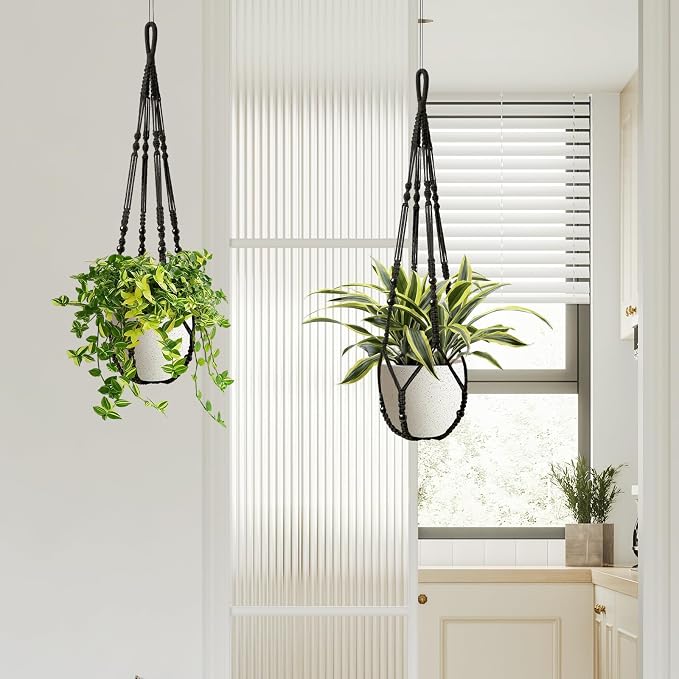 LEWESU Macrame Plant Hanger Indoor Set of 2 with 4 Hooks, Indoor Outdoor Hanging Planter for Plants Holder with Decorative Wood Beads & No Tassels, Boho Home Decor, 35 Inch Black (Pots Not Included)