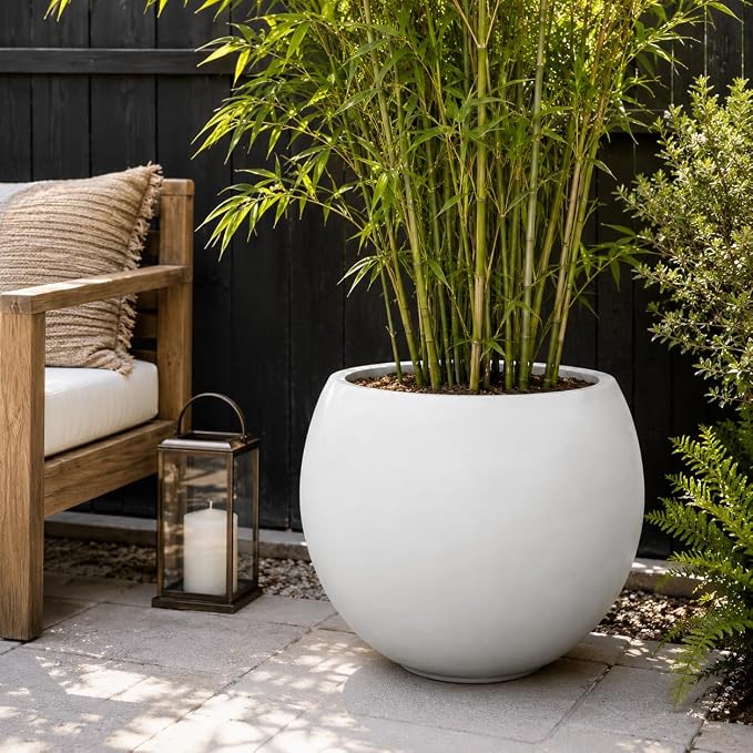 17" H x 21" Dia White Fiberstone Planter Pot with Drainage Hole, Extra Large Decorative Flower Pot for Indoor Outdoor Trees, Plants & Shrubs, Round Planter for Patio, Porch, Garden & Home Décor