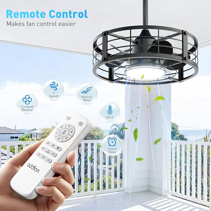 addlon 20 Inch Outdoor Ceiling Fans with Lights, IP65 Waterproof Plug in Caged Hanging Fan for Gazebo, Remote Control, 3 CCT, 6 Speeds Reversible Outdoor Fan for Patio, Pergola, Porch