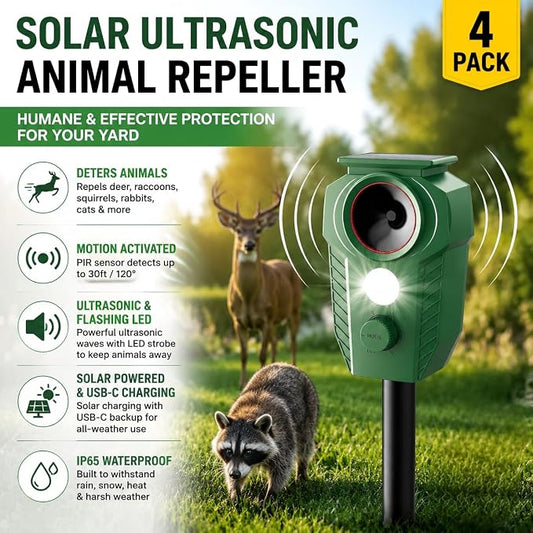 4 Pack Solar Powered Animal Repellent Outdoor, Deer Repellent Devices Ultrasonic Motion Activated, Cat & Raccoon Repellent for Yard Garden Lawn, IP65 Waterproof Pest Repellent with LED Light