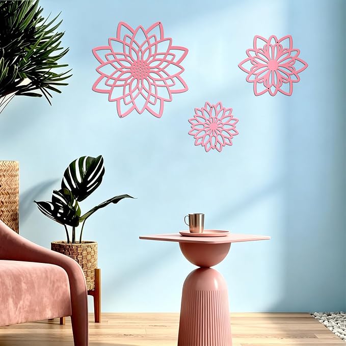 3 Pieces Metal Flowers Wall Decor, Black Wall Decoration Metal, Flower Art Wall Decor Farmhouse Wall Decorations Multiple Flowers Hanging Decor for Bathroom Living Room Home Kitchen Garden Office (Pink Concise)