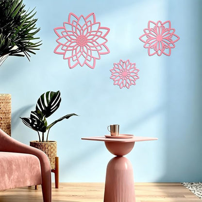 3 Pieces Metal Flowers Wall Decor, Black Wall Decoration Metal, Flower Art Wall Decor Farmhouse Wall Decorations Multiple Flowers Hanging Decor for Bathroom Living Room Home Kitchen Garden Office (Pink Concise)