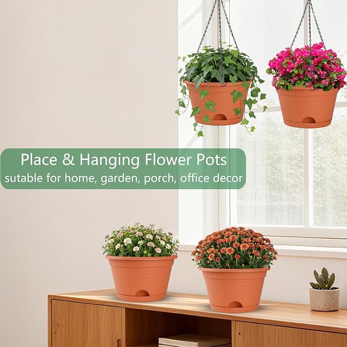 Nooulap 4 Pack Hanging Planters, 10 Inch Hanging Plant Pot, Red | Indoor Outdoor Hanging, with 40cm Chain, Rotatable Removable Tray, Bottom Drainage Available, Two Ways Watering