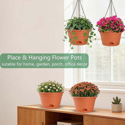 Nooulap 4 Pack Hanging Planters, 10 Inch Hanging Plant Pot, Red | Indoor Outdoor Hanging, with 40cm Chain, Rotatable Removable Tray, Bottom Drainage Available, Two Ways Watering