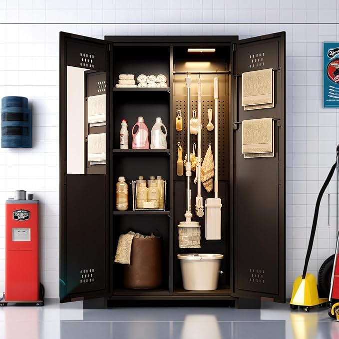 YITAHOME 71" Metal Garage Broom Cabinets with Adjustable Shelves, Vacuum Storage Cabinet with Doors and Drawer, Tool Storage Cabinet for Gym, Basement, Warehouse, Black, Metal | Built-in Pegboard, Adjustable Shelves, Heavy-Duty Metal, for Garage Gym Ba...
