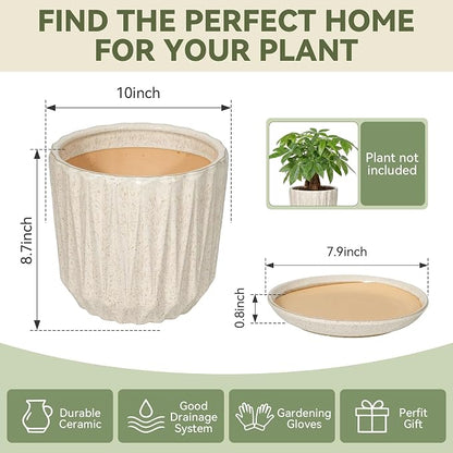 10 Inch Ceramic Planter Pot with Saucer Drainage Leak-Proof Mesh,Flower Pots for Indoor Plants with Gardening Gloves,Ceramic Planter(Silk White)