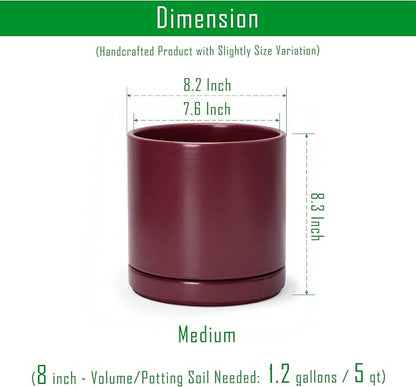 D'vine Dev 8 Inch Ceramic Planter Pot, Cordovan, 94-O-D-4 | Modern Cylinder Design, Drainage Hole & Saucer Included, Stable Structure, Elegant Home Accent