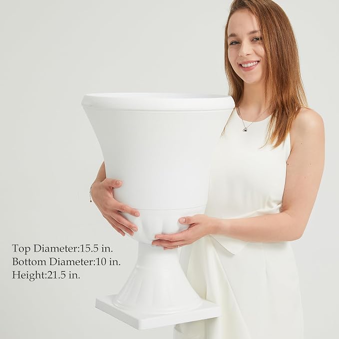 Worth Garden 2-Pack Urn Plastic Planters - 15.5" x 22" Tall Round Classic Flower Pots Pure White Traditional Large Roman Plant Pots for Front Porch Patio Deck Wedding Decoration Pot - Indoor & Outdoor
