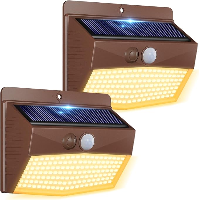 Peasur Solar Outdoor Lights, [2 Packs] Motion Sensor Security Lights with 3 Lighting Modes Wall Lights Waterproof Solar Powered Lights for Garden Yard, Brown Warm