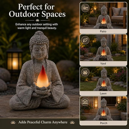 olar Garden Buddha Statue with Lotus Flame Light, Zen Resin Outdoor Decorations for Patio Yard Lawn Porch, Meditation Garden Decor Gifts for Housewarming Mom Women