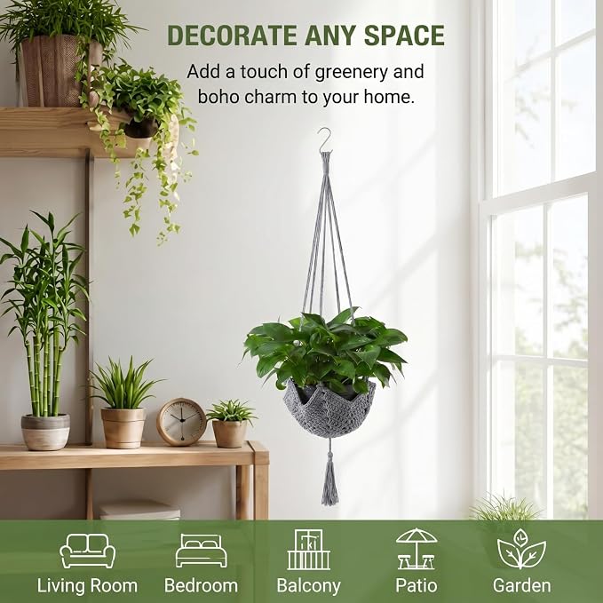 Shappy 1 Pack Boho Macrame Plant Hanger, Large Hanging Planter Plant Holder Pot Hanger Hanging Basket Wall Planters, Plants Lover Gift for Indoor Garden (Classic,Grey)