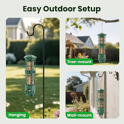 Squirrel Proof Bird Feeder, Chew-Resistant Metal Hanging Bird Feeder for Outdoors Gravity Spring Mechanism, 3 Feeding Ports, 3LB Large Capacity, Weatherproof Design for Wild Birds