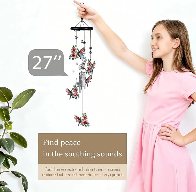 YU FENG Hummingbird Memorial Wind Chime, Crystal Suncatcher Garden Decor | 27 Inch Pink Metal Wind Chime, Hummingbird Design, Sympathy Gift For Women Mom Grandma, Outdoor Hanging Decor