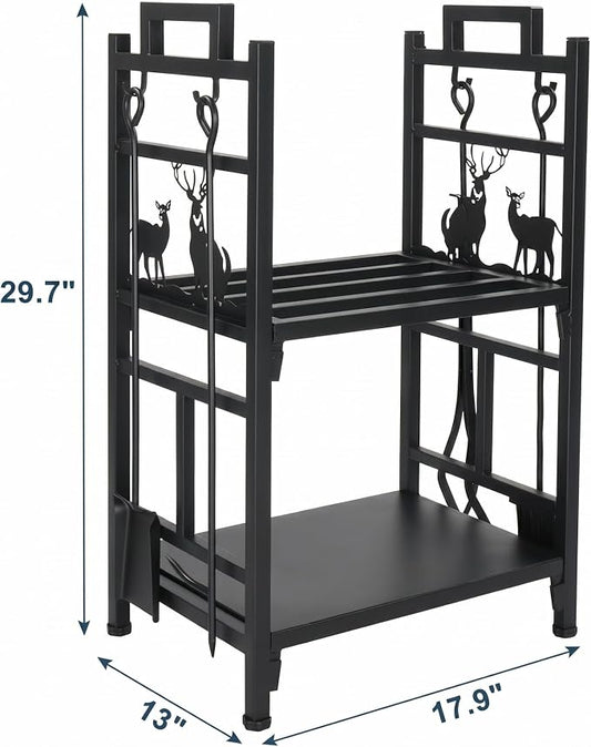 Firewood Rack Outdoor, 18 Inch 2 Tier Firewood Storage Log Rack with Heavy Steel Tube Construction, Wood Rack for Indoor Fireplace & Balcony (Black)