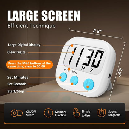 6 Pack Digital Kitchen Timers for Cooking Magnetic Timer for Cooking Loud Alarm White