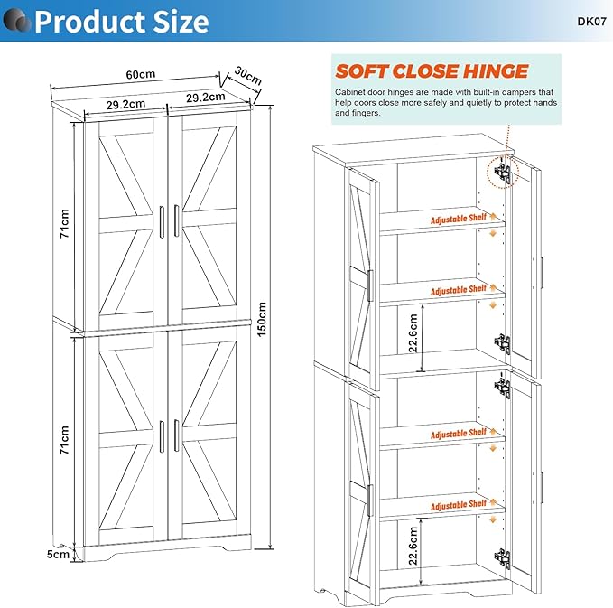Farmhouse Storage Cabinet with 4 Door, Kitchen Pantry Storage with 4 Adjustable Shelves Wooden Cupboard for Kitchen, Dining Room, Living Room, Bathroom (White)