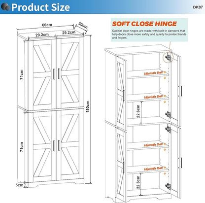 Farmhouse Storage Cabinet with 4 Door, Kitchen Pantry Storage with 4 Adjustable Shelves Wooden Cupboard for Kitchen, Dining Room, Living Room, Bathroom (White)