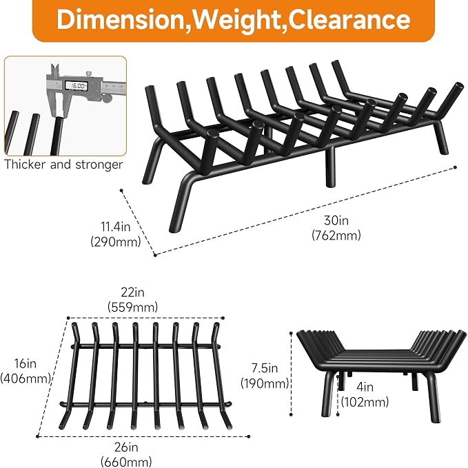 SUZLON Fireplace Grate 30 inch 8 Bar Fireplace Log Grate Heavy Duty Solid Steel Indoor Chimney Hearth with 6 Enhanced Stability Legs Kindling Tools Pit Wood Stove Firewood Burning Rack Holder