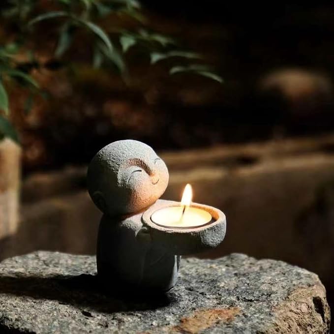 Sandstone Buddha Statue Candle & Incense Cone Holder, Small Jizo Figurine for Home Decor, Tiny Buddha Zen Monk Tealight Holder for Desk, Shelf or Nightstand, 3.5" H Mini Stone Decor Gift