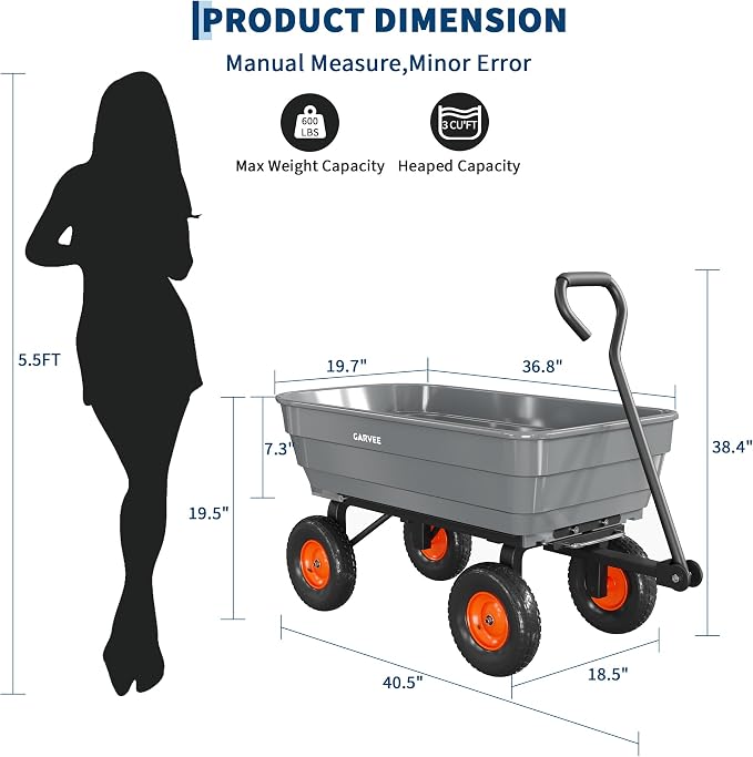 GarveeLife Poly Garden Dump Cart, 600 lb Wheelbarrow Yard Cart with 10 in Wheels, Quick-Dump & Towable Utility Wagon for Yard, Soil, Rocks（Gray）