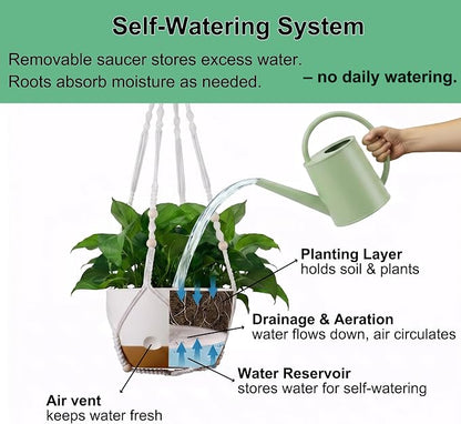 FUSHITON 3 Pack Hanging Planters for Indoor & Outdoor Plants, 10+10+8 Inch Self-Watering Pots with 2 Types of Hangers, Removable Saucer and Drainage Holes for Garden Home Decor - White