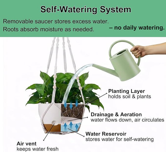FUSHITON 3 Pack Hanging Planters for Indoor & Outdoor Plants, 10+10+8 Inch Self-Watering Pots with 2 Types of Hangers, Removable Saucer and Drainage Holes for Garden Home Decor - White