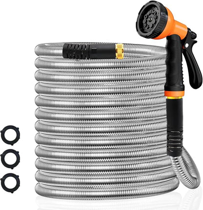 Besiter Garden Hose 50FT Stainless Steel Water Hose with 10 Functions Adjustable Spray Nozzle, Heavy-Duty Metal Garden Hose Flexible Durable No-Tangle & Kink Leak Dog Proof Hose for Yard Lawn(Orange)